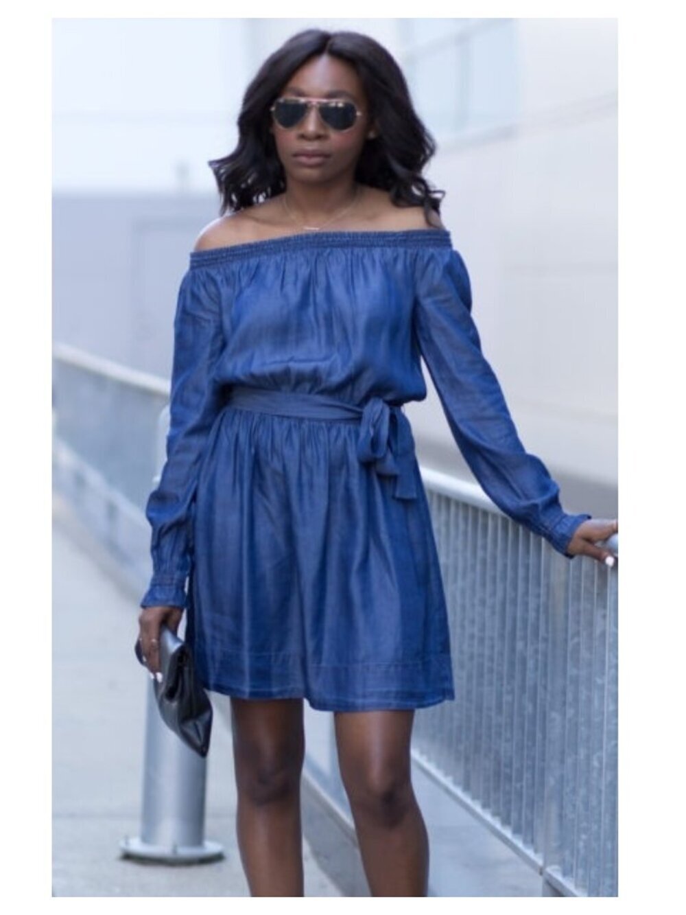 H HALSTON Elasticized Off-the-Shoulder Lyocell Dress in Blue Chambray Size XL